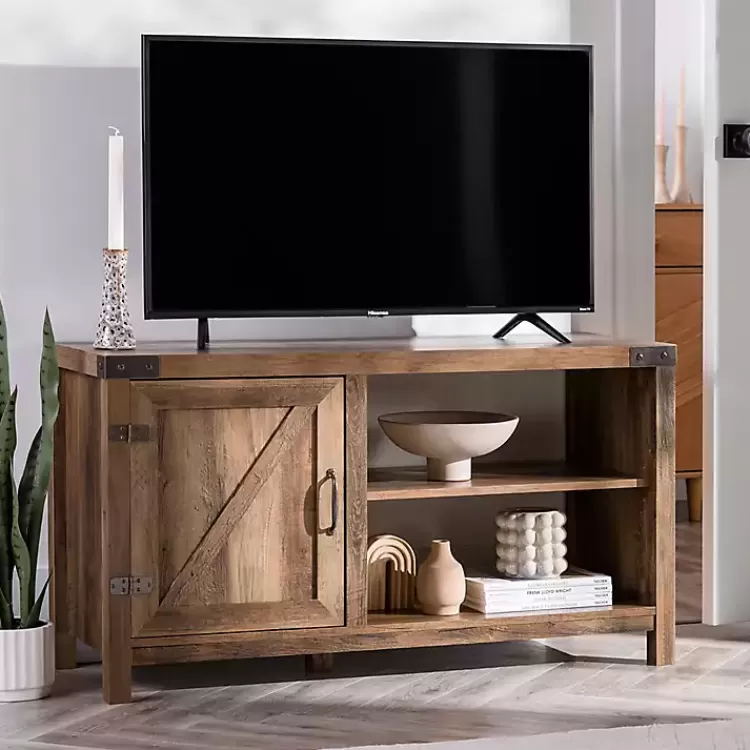 Barn Door Rustic Oak TV Stand with Open Shelves>Kirklands Home Best Sale