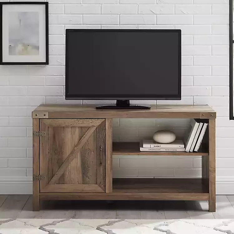 Barn Door Rustic Oak TV Stand with Open Shelves>Kirklands Home Best Sale