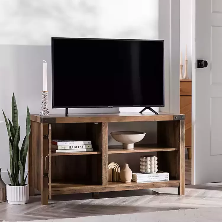 Barn Door Rustic Oak TV Stand with Open Shelves>Kirklands Home Best Sale