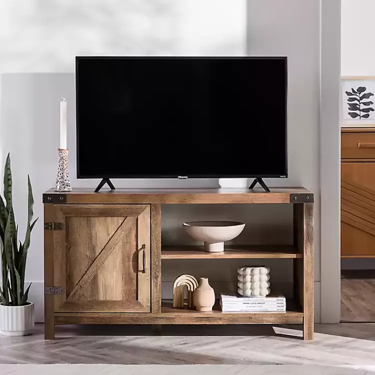Barn Door Rustic Oak TV Stand with Open Shelves>Kirklands Home Best Sale