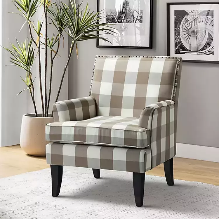 Beige Buffalo Check Upholstered Armchair>Kirklands Home Shop