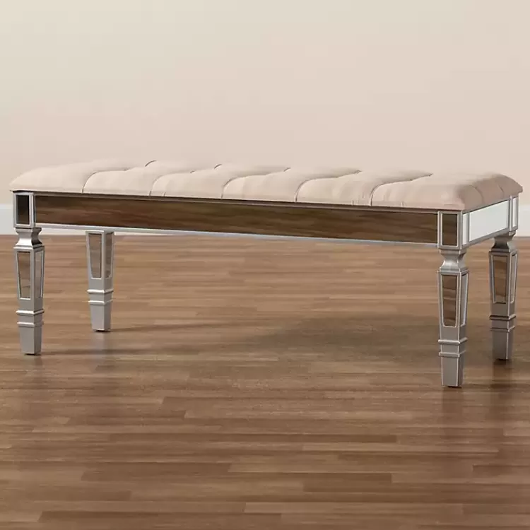 Beige Button Tufted Bench with Mirrored Base>Kirklands Home Cheap