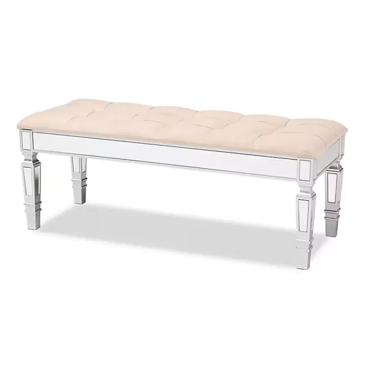 Beige Button Tufted Bench with Mirrored Base>Kirklands Home Cheap