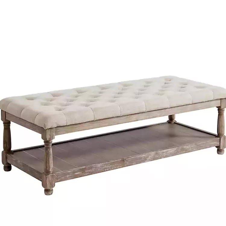 Beige Tufted Linen and Wood Bench>Kirklands Home Clearance