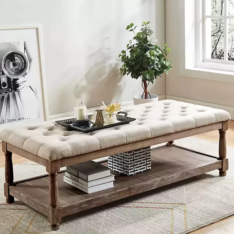 Beige Tufted Linen and Wood Bench>Kirklands Home Clearance