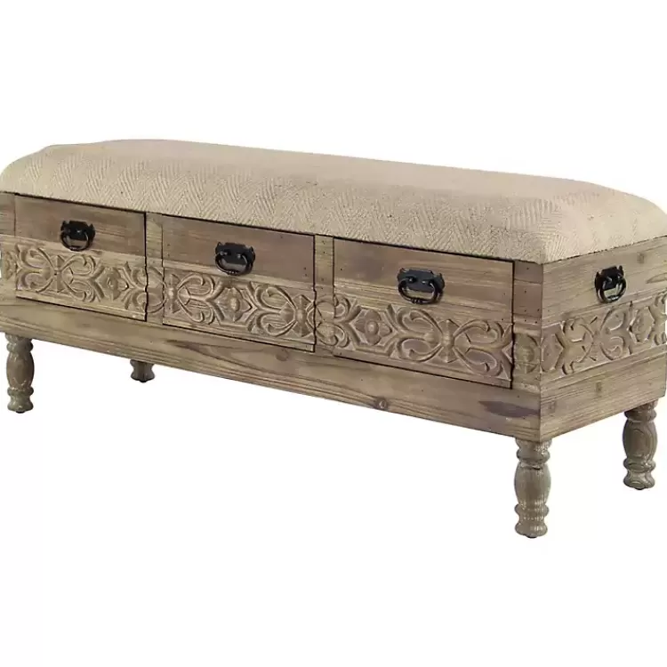 Beige Upholstered Acanthus Carved Wooden Bench>Kirklands Home Best
