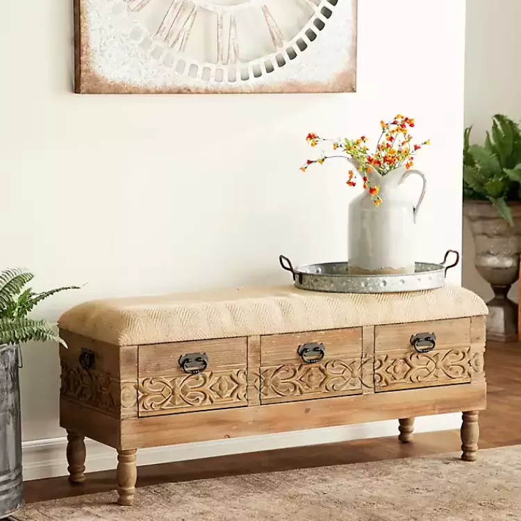 Beige Upholstered Acanthus Carved Wooden Bench>Kirklands Home Best