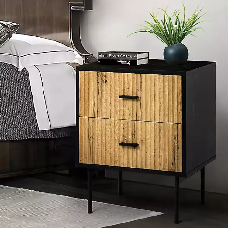 Black and Natural Wood 2-Drawer Nightstand>Kirklands Home Online
