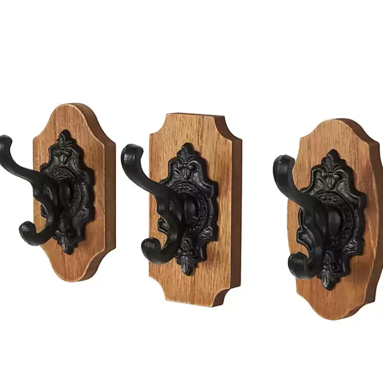 Black Metal and Wood Wall Hooks, Set of 3>Kirklands Home Cheap