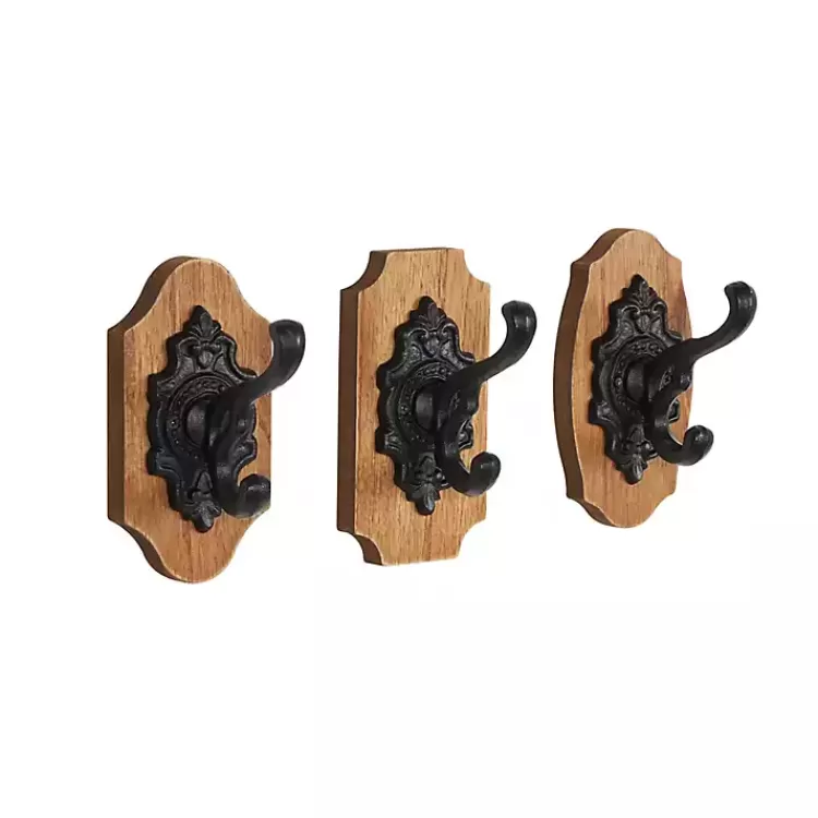 Black Metal and Wood Wall Hooks, Set of 3>Kirklands Home Cheap