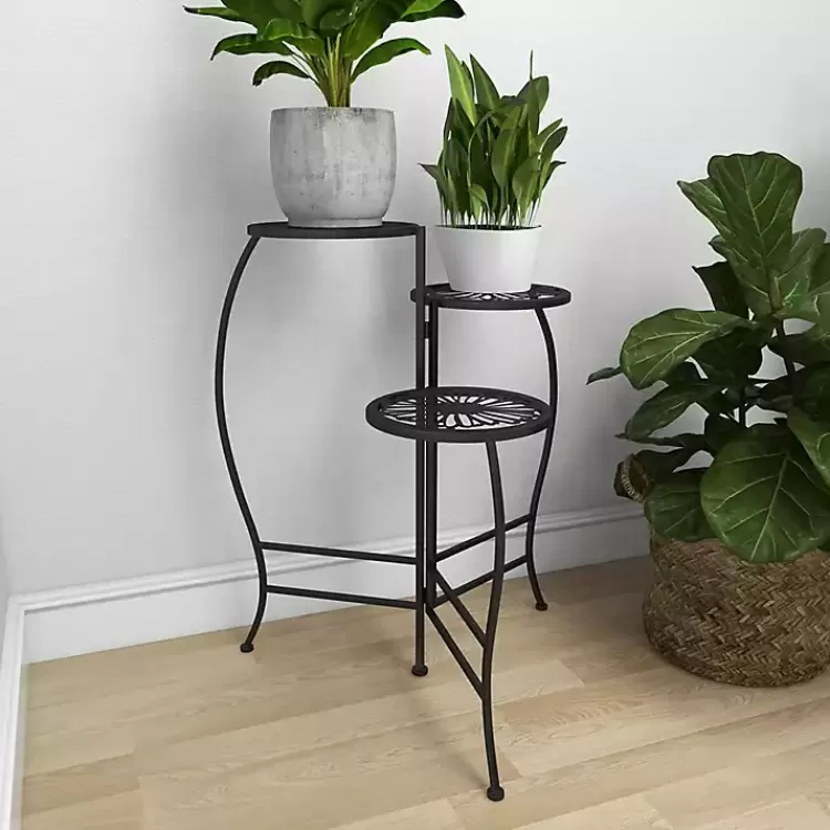 black_metal_floral_tier_plant_stand_10.webp Metal Floral 3-Tier Plant Stand>Kirklands Home Flash Sale