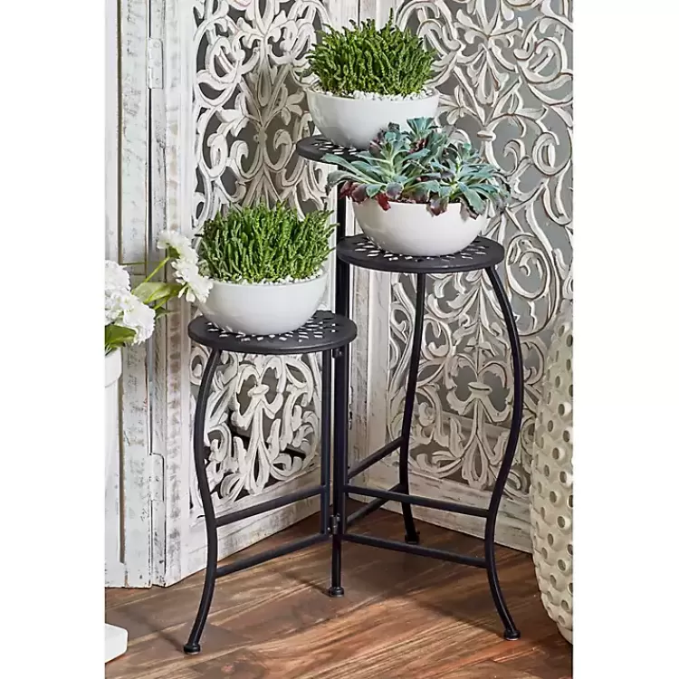 black_metal_medallion_tier_folding_plant_stand_2.webp Metal Medallion 3-Tier Folding Plant Stand>Kirklands Home Online