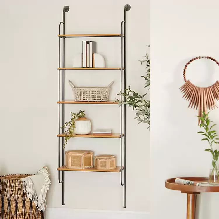 Black Metal Pipe Frame Brown Wood Wall Shelf>Kirklands Home Online