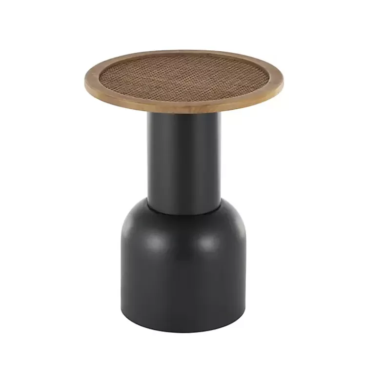 Black Metal Rattan Pedestal Accent Table, 16 in.>Kirklands Home Fashion