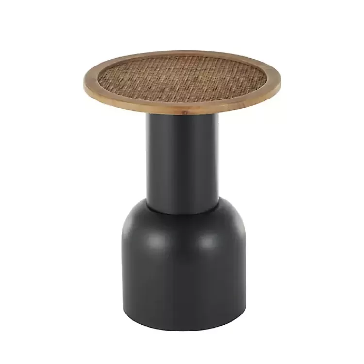 black_metal_rattan_pedestal_accent_table__in_2-1.webp Black Metal Rattan Pedestal Accent Table, 16 in.>Kirklands Home Fashion