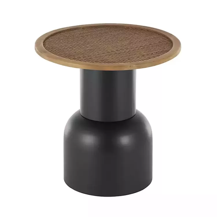black_metal_rattan_pedestal_accent_table__in_2.webp Black Metal Rattan Pedestal Accent Table, 19 in.>Kirklands Home New