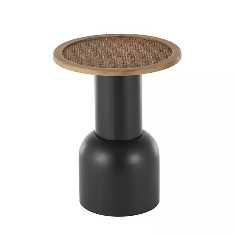 black_metal_rattan_pedestal_accent_table__in_5-1.webp Black Metal Rattan Pedestal Accent Table, 16 in.>Kirklands Home Fashion