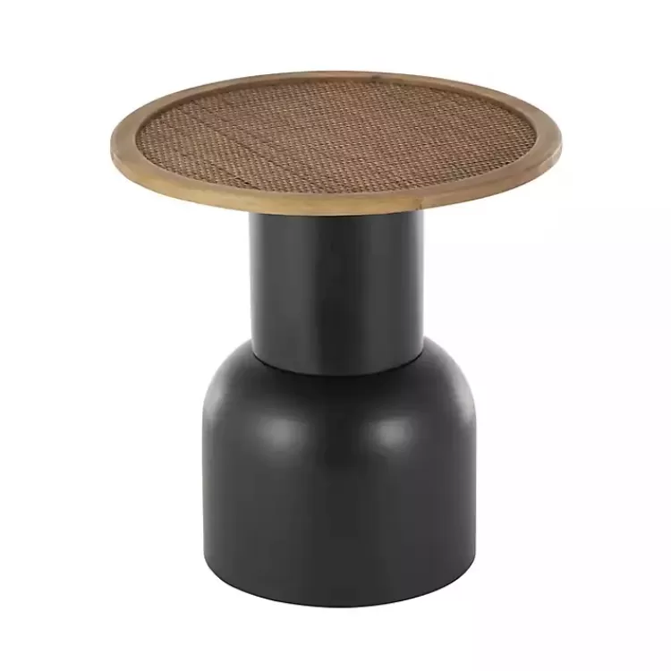 black_metal_rattan_pedestal_accent_table__in_5.webp Black Metal Rattan Pedestal Accent Table, 19 in.>Kirklands Home New