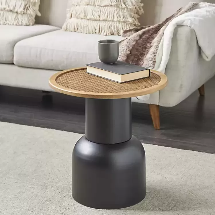 black_metal_rattan_pedestal_accent_table__in_6.webp Black Metal Rattan Pedestal Accent Table, 19 in.>Kirklands Home New