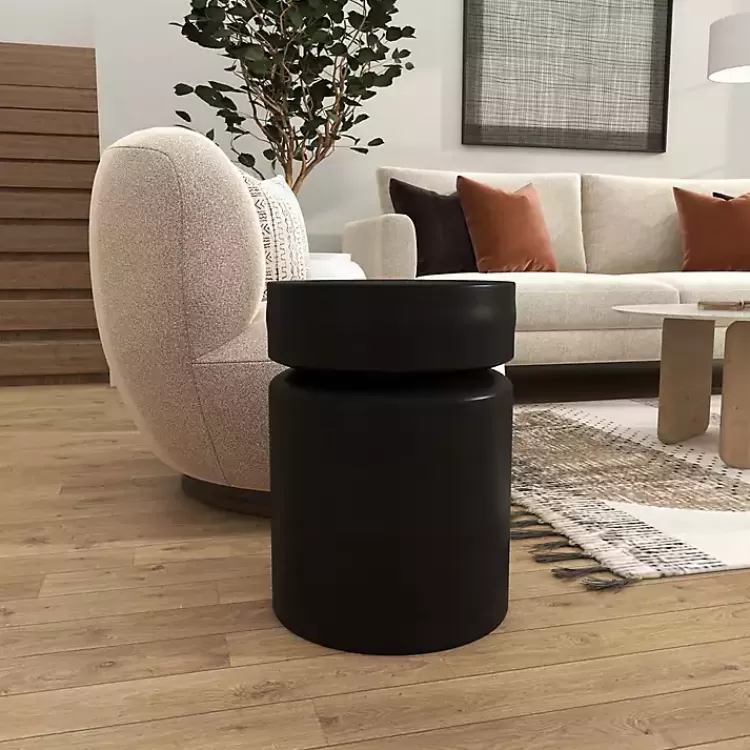 black_metal_round_drum_accent_table_5.webp Metal Round Drum Accent Table>Kirklands Home Sale