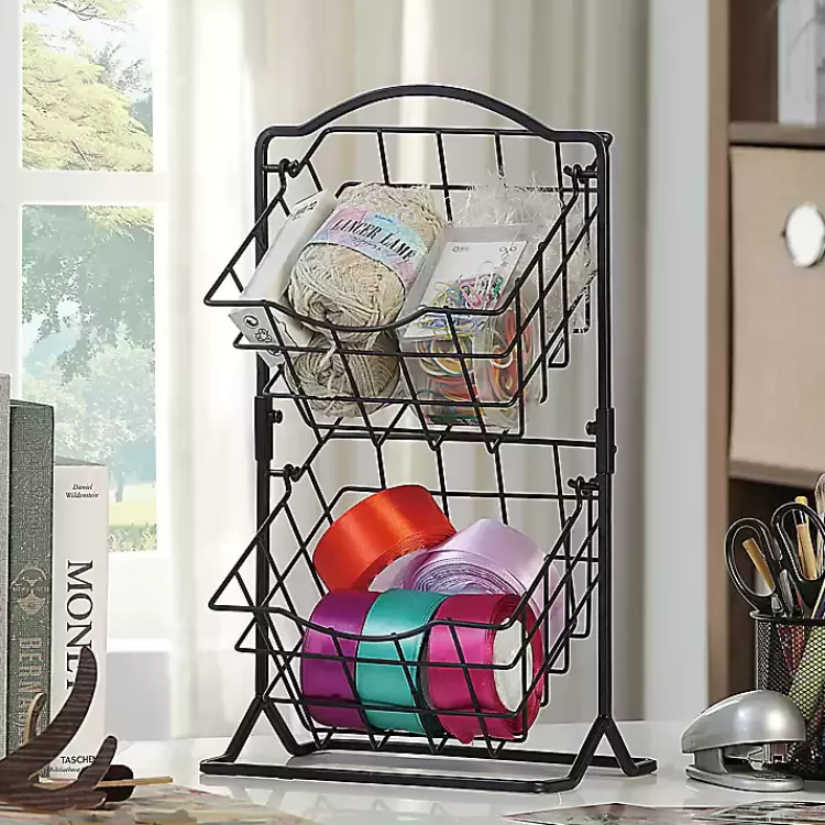 black_metal_wire_tier_square_kitchen_basket_2.webp Metal Wire 2-Tier Square Kitchen Basket>Kirklands Home Store