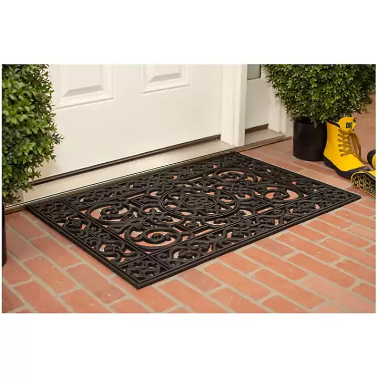 black_scroll_border_rubber_doormat_x_3.webp Scroll Border Rubber Doormat, 36x24>Kirklands Home Flash Sale