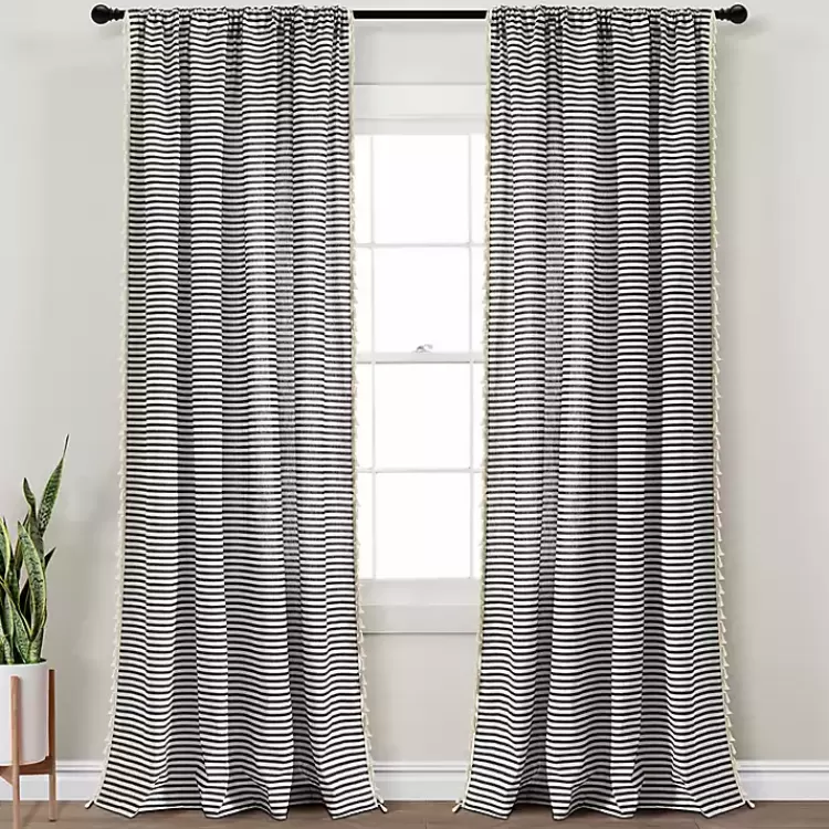 Black Striped Tassel Curtain Panel Set, 84 in.>Kirklands Home Cheap
