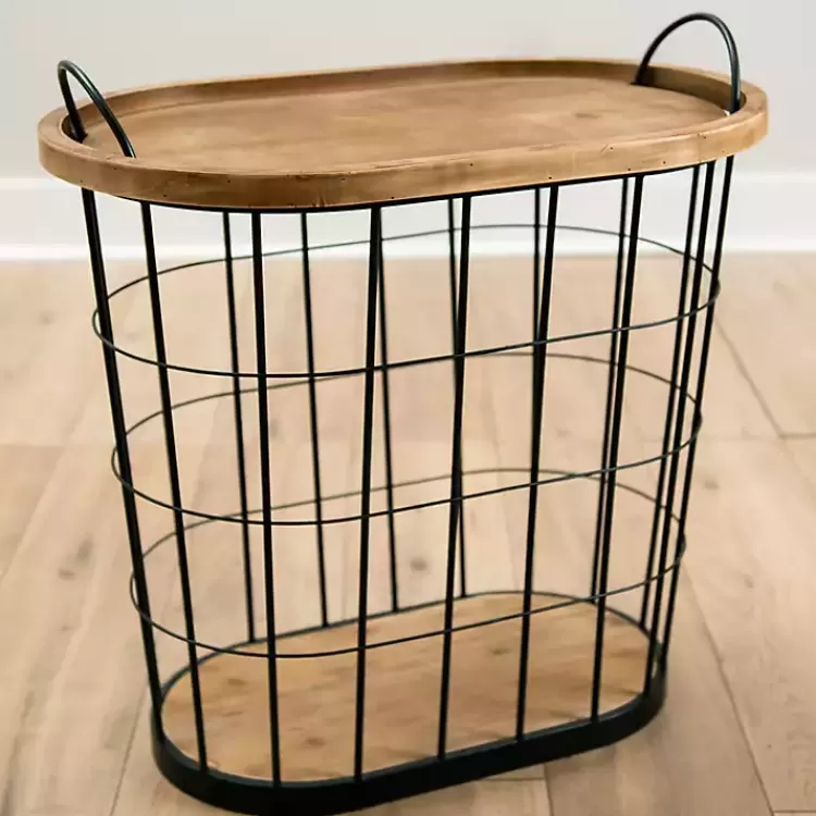Wire and Natural Wood Basket Side Table>Kirklands Home Clearance