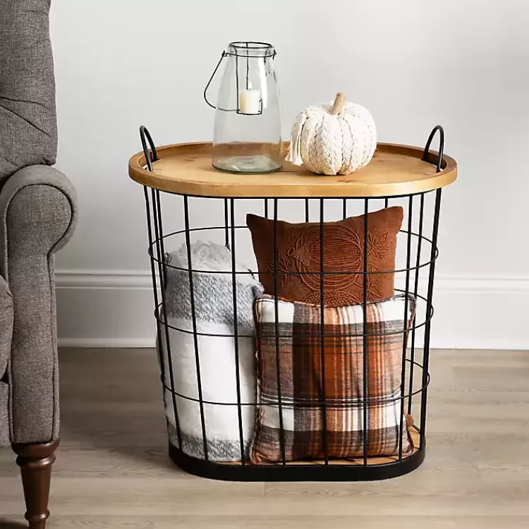 Wire and Natural Wood Basket Side Table>Kirklands Home Clearance