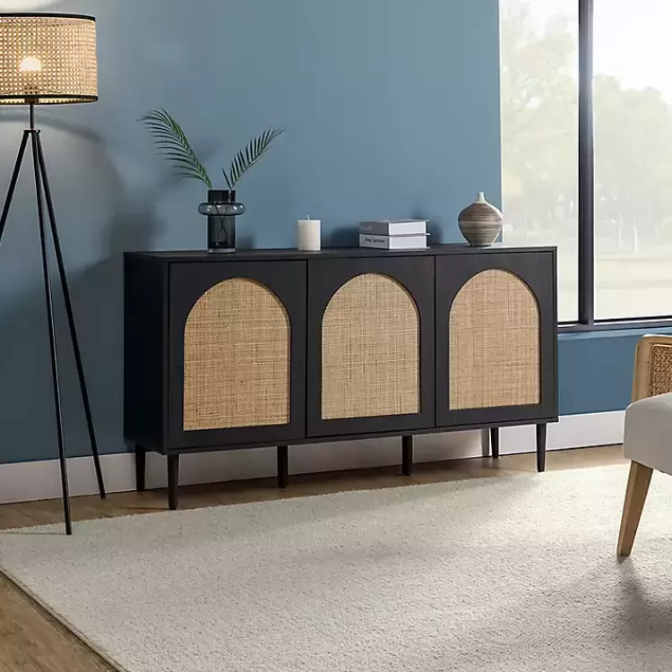 Black Wood and Cane Arched Sideboard Cabinet>Kirklands Home Fashion