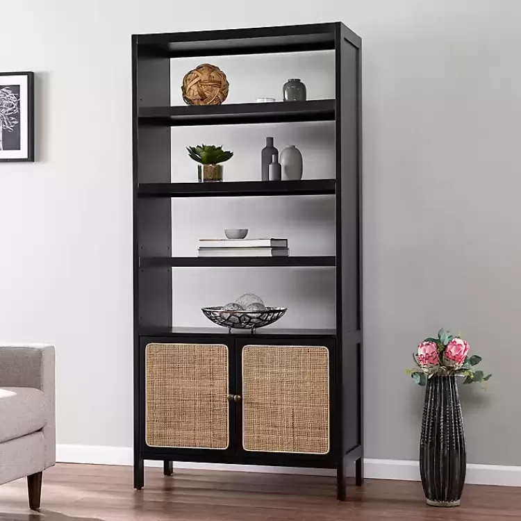 black_wood_cane_doors_bookshelf_3.webp Wood Cane Doors Bookshelf>Kirklands Home Online