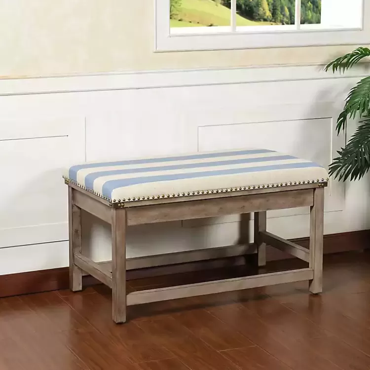 Blue and White Striped Upholstered Wood Bench>Kirklands Home Hot