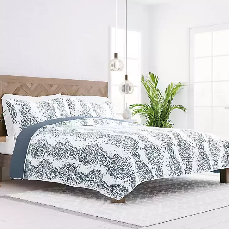 Blue Damask Reversible 3-pc. Queen Quilt Set>Kirklands Home Discount