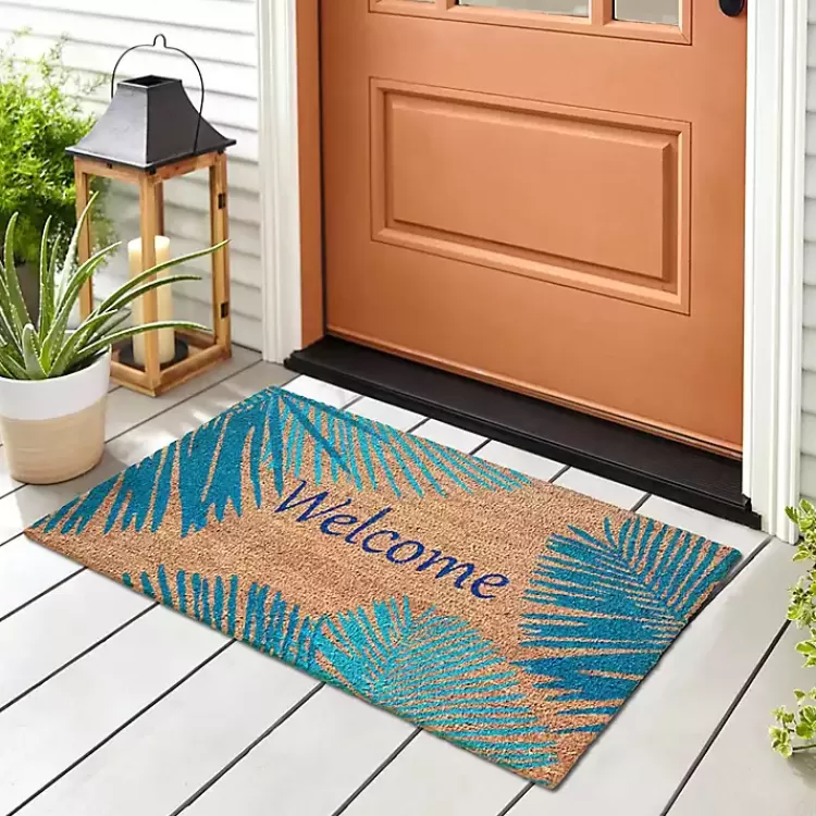 Blue Palm Fronds Welcome Coir Doormat>Kirklands Home Clearance