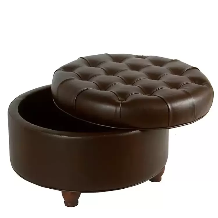 brown_faux_leather_tufted_round_storage_ottoman_2.webp Faux Leather Tufted Round Storage Ottoman>Kirklands Home New
