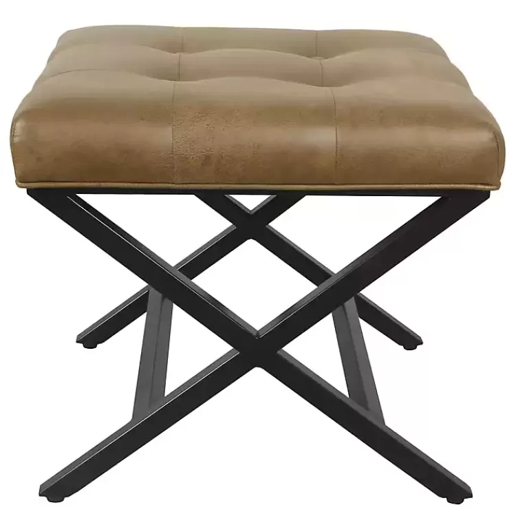 brown_faux_leather_tufted_xframe_bench_2.webp Faux Leather Tufted X-Frame Bench>Kirklands Home Online