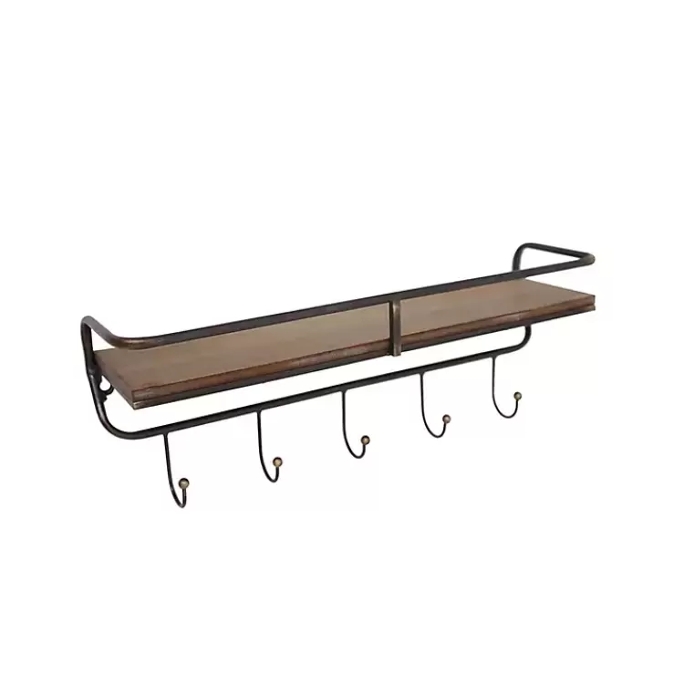 Brown Metal Frame Wood Wall Shelf with Hooks>Kirklands Home Discount