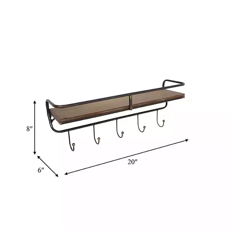Brown Metal Frame Wood Wall Shelf with Hooks>Kirklands Home Discount