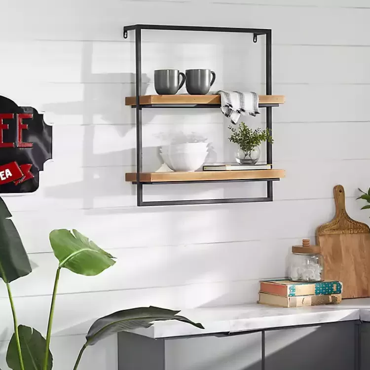 Brown Wood Black Metal Frame Wall Shelves>Kirklands Home Sale
