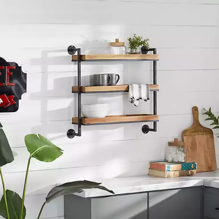 Brown Wood Black Metal Pipe Frame Wall Shelf>Kirklands Home Cheap