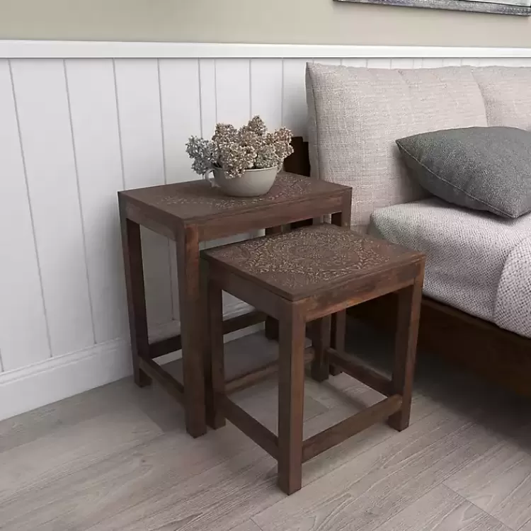 brown_wood_carved_floral_nesting_tables_set_of__7.webp Wood Carved Floral Nesting Tables, Set of 2>Kirklands Home Hot