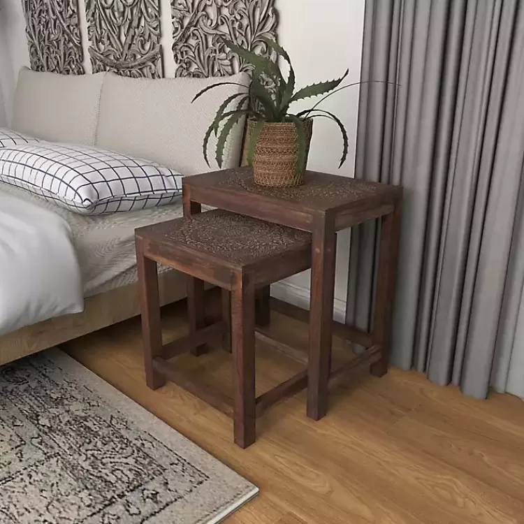 brown_wood_carved_floral_nesting_tables_set_of__9.webp Wood Carved Floral Nesting Tables, Set of 2>Kirklands Home Hot