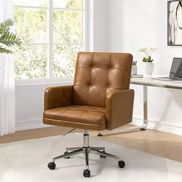 Camel Tufted Faux Leather Swivel Office Chair>Kirklands Home Store