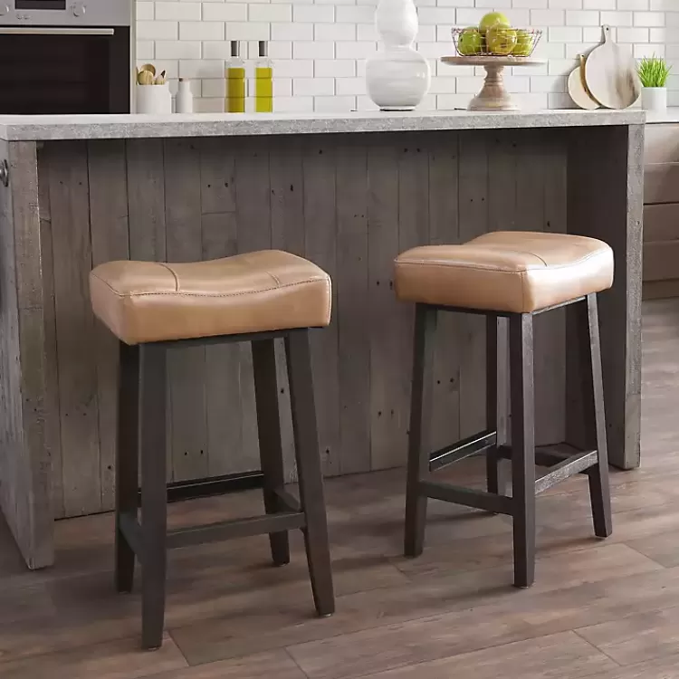 Camel Wood and Leather Backless Stool>Kirklands Home Fashion