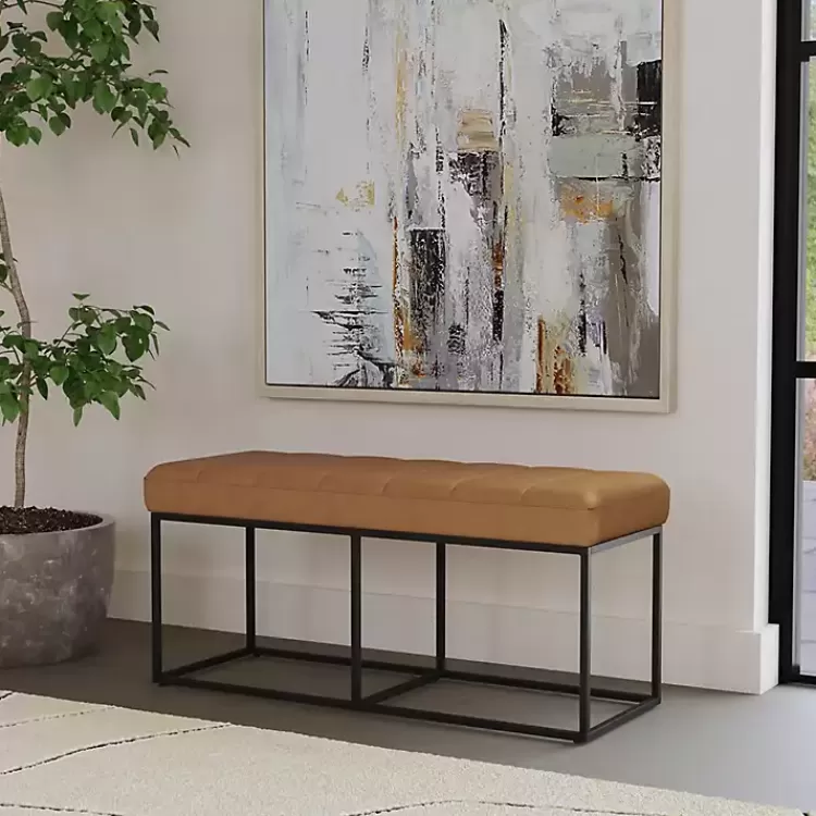 caramel_faux_leather_upholstered_metal_frame_bench_5.webp Caramel Faux Leather Upholstered Metal Frame Bench>Kirklands Home Cheap