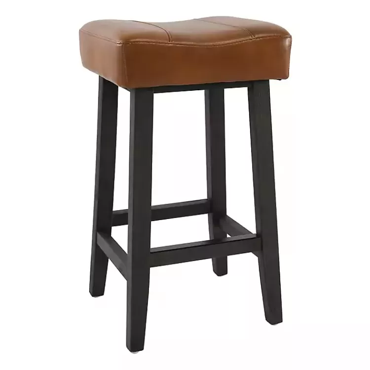 Caramel Wood and Faux Leather Backless Stool>Kirklands Home Outlet