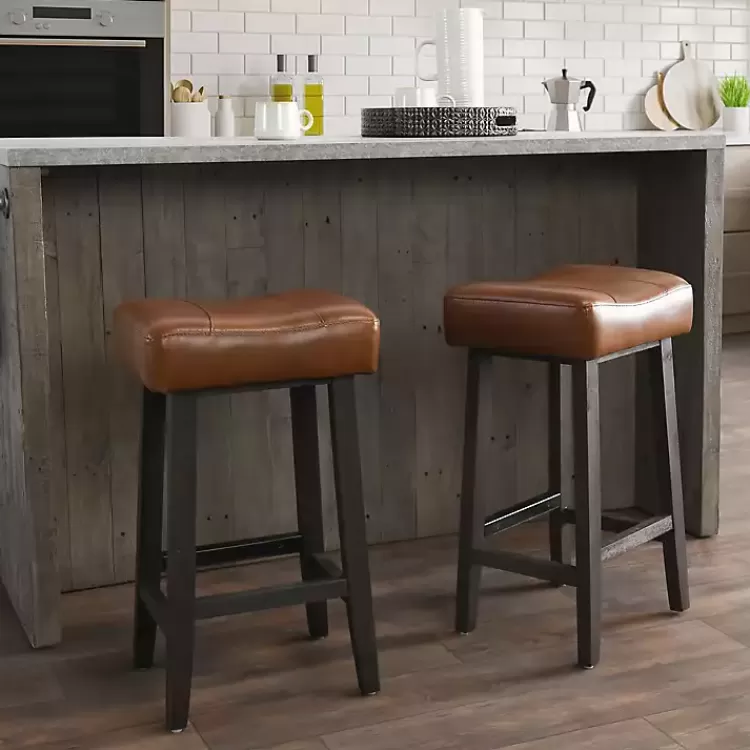 Caramel Wood and Faux Leather Backless Stool>Kirklands Home Outlet