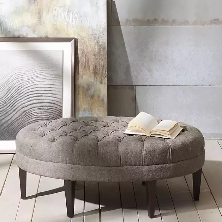 Cory Tufted Beige Linen Ottoman>Kirklands Home Cheap