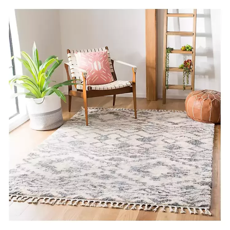 Cream and Navy Moroccan Fringe Shag Rug, 5x7>Kirklands Home Online