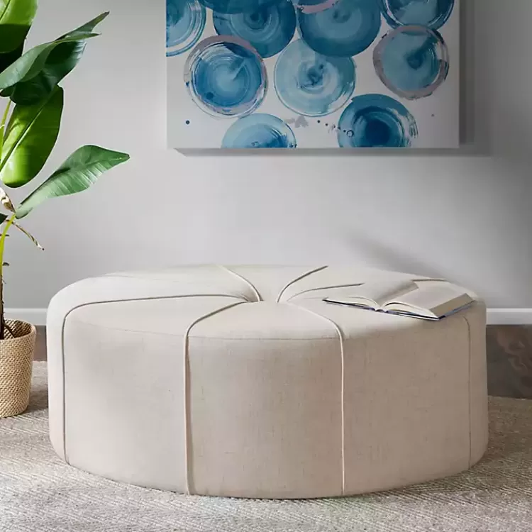 Cream Thick Welting Center Button Oval Ottoman>Kirklands Home Fashion